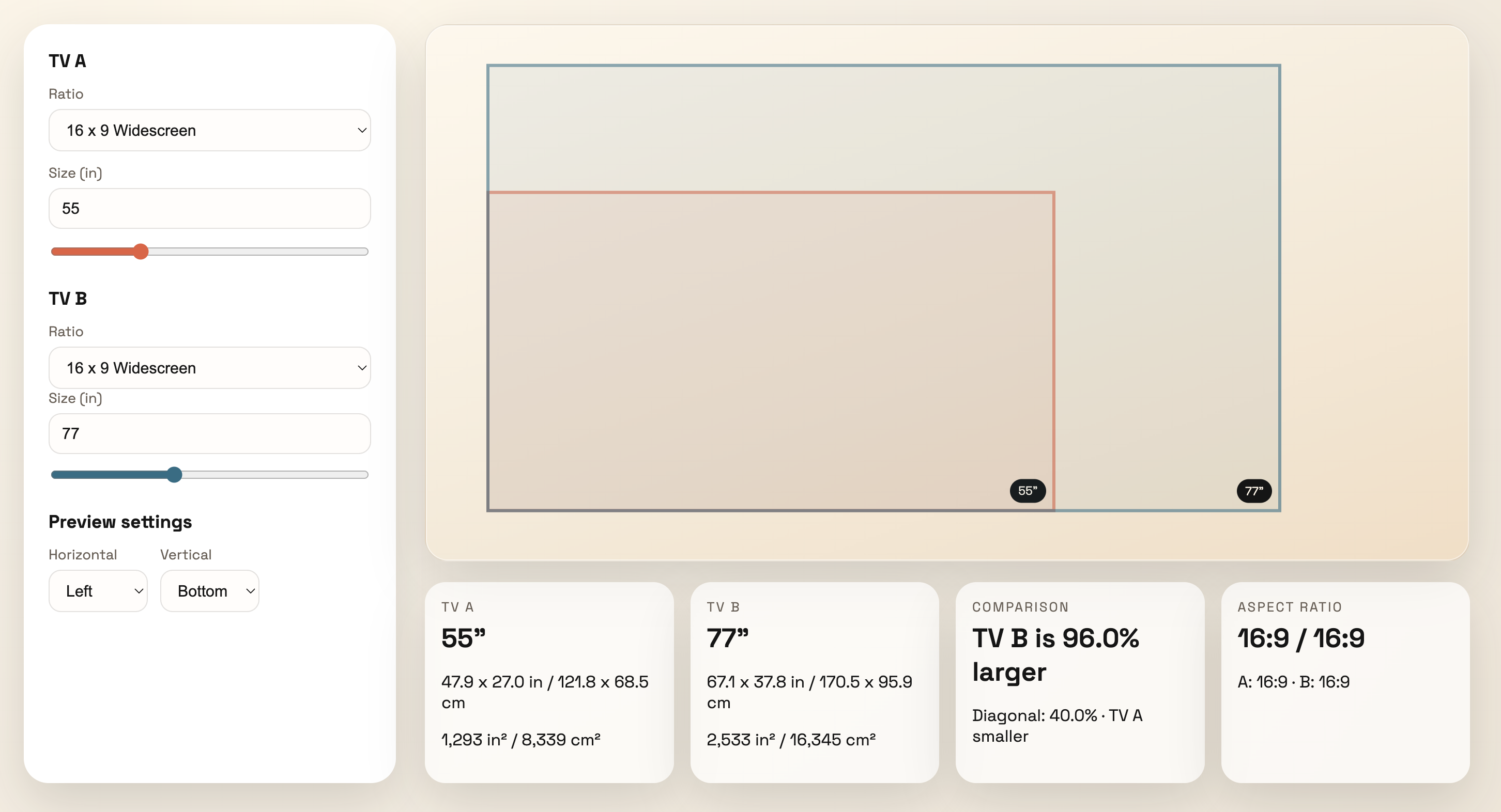 Size comparison calculator preview